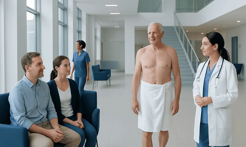 Elderly man at hospital check-up with medical staff and visitors.