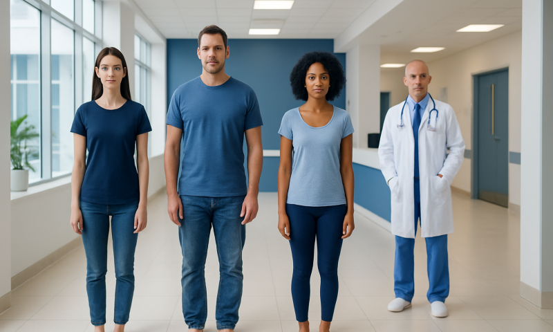 Diverse group of patients and doctor in hospital corridor for foot health consultation.