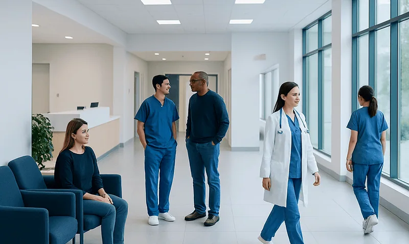 Healthcare professionals and patient in a modern hospital corridor.