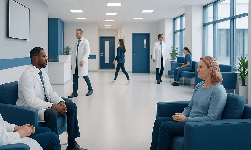 Understanding Types of Therapy: A Complete Patient Guide 10 Hospital waiting area with patients and medical staff in a modern facility.