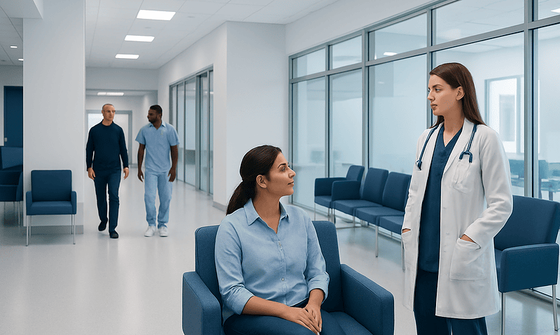 Patient consulting with doctor in hospital corridor at Acibadem Hospitals Group.
