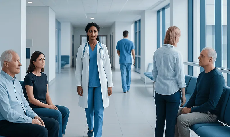 Healthcare professionals and patients in a modern hospital corridor.
