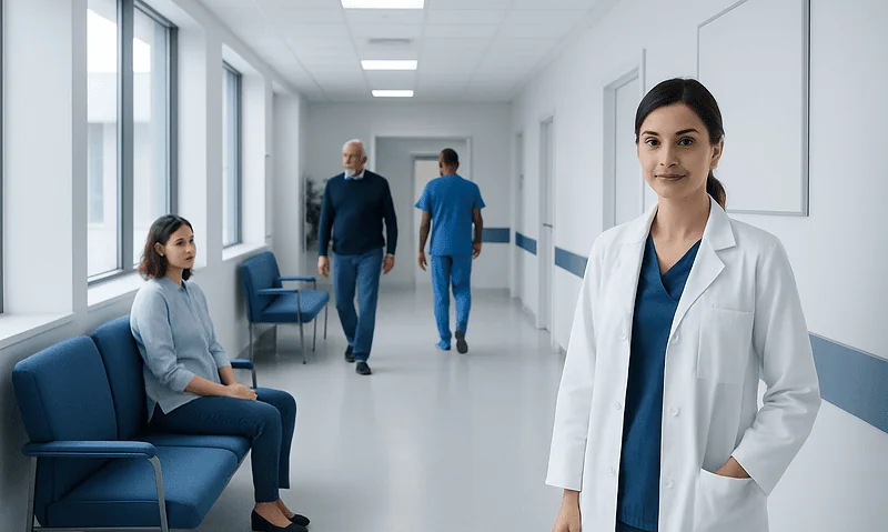 Healthcare professionals and patients in a modern hospital corridor.