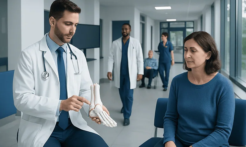 Doctor explaining foot anatomy to patient in hospital corridor.