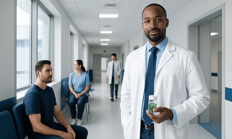 Doctor holding a test tube in a hospital corridor with patients nearby.