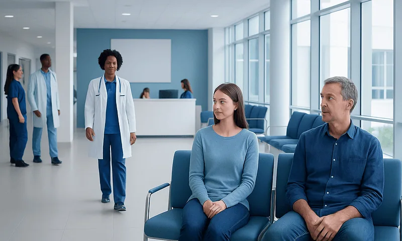 Patients waiting in a modern hospital lobby with medical staff nearby.