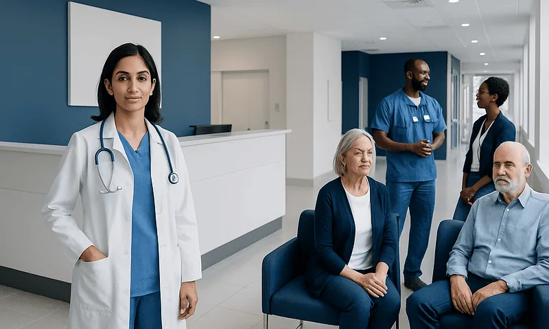 Healthcare professionals and patients in a modern hospital waiting area.