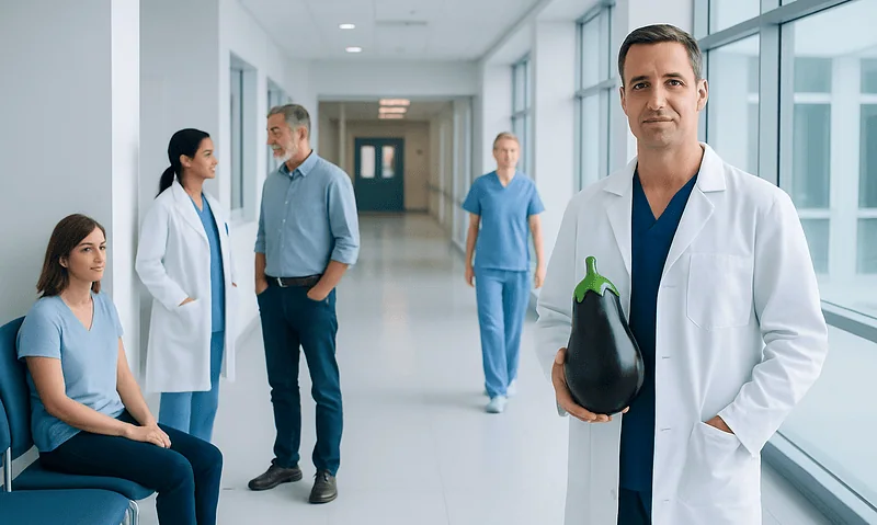 Doctor holding eggplant in hospital corridor for health benefits.