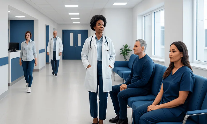Healthcare professionals and patients in a modern hospital corridor.