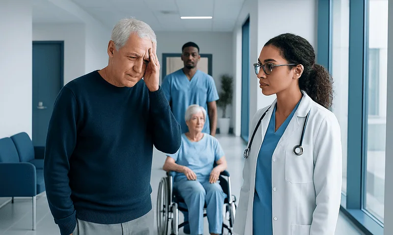 Elderly man experiencing headache in hospital with medical staff and patient.