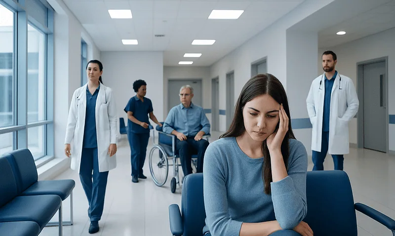Young woman appears distressed in a hospital waiting area with medical staff and a patient in a whee.
