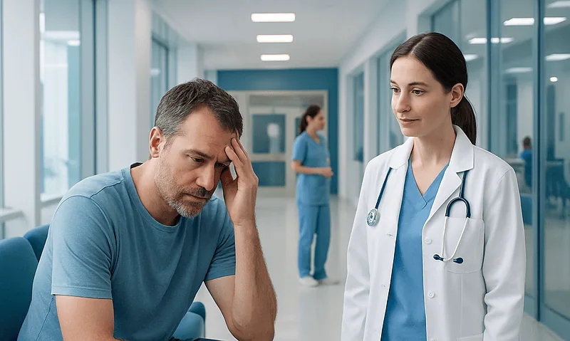 Man experiencing headache in hospital with female doctor nearby.