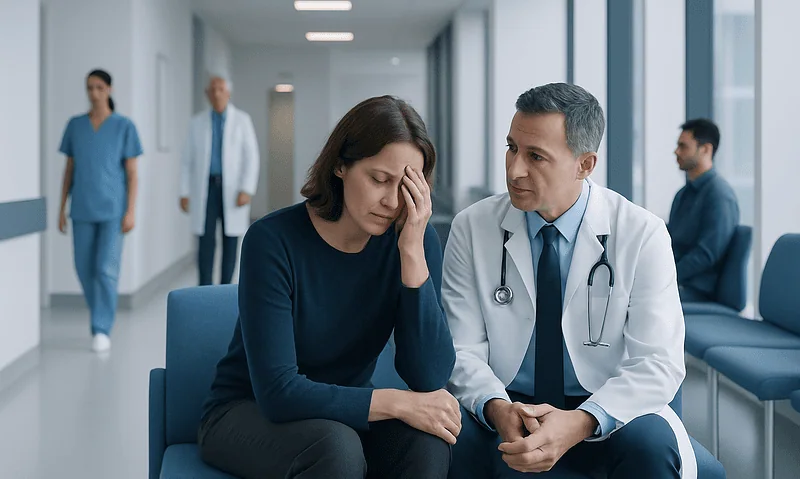 Doctor comforting a distressed woman in a hospital corridor.