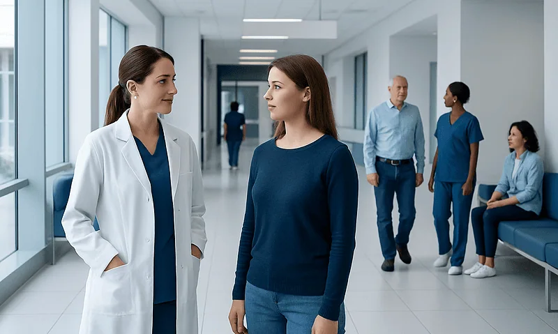 Healthcare professionals discussing in hospital corridor.