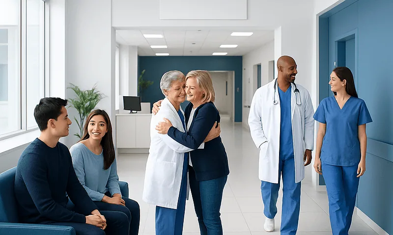 Patients and medical staff in a hospital corridor at Acibadem Hospitals Group.