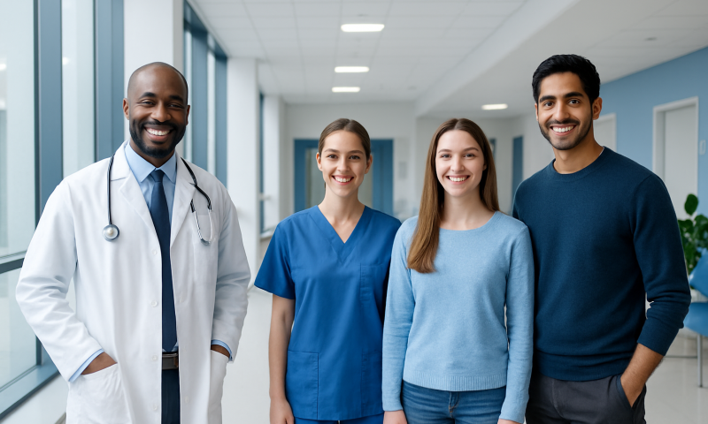 Diverse medical team smiling in hospital corridor.