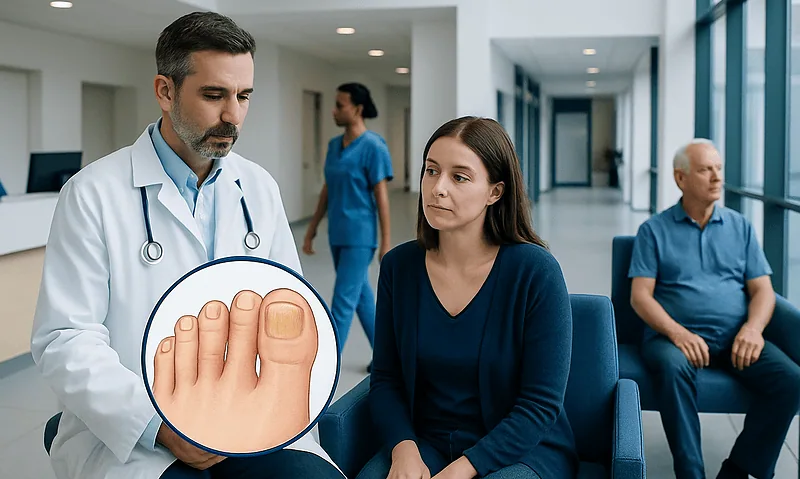Doctor explaining toenail fungus to patient in hospital waiting area.