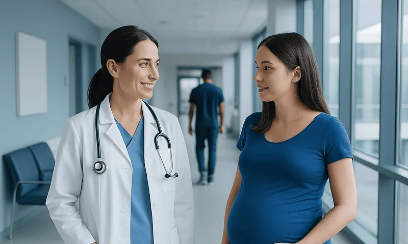 Pregnant woman talking with a doctor in a hospital corridor.