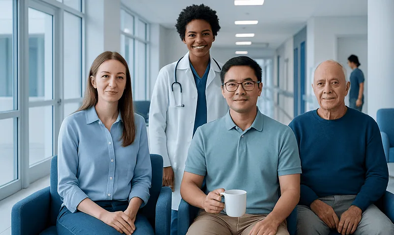 Diverse medical team in hospital corridor with patients and staff.
