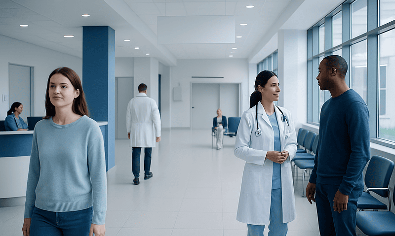 Healthcare professionals and patients in a modern hospital corridor.