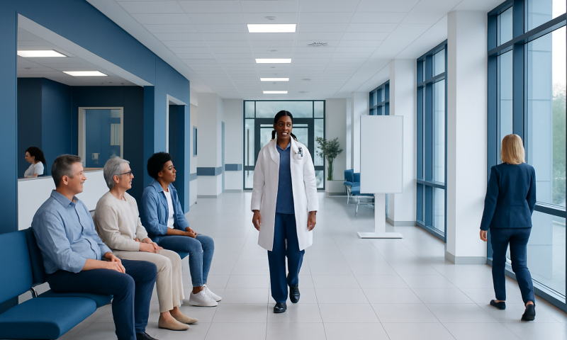 Healthcare professional walking in hospital corridor with waiting patients.