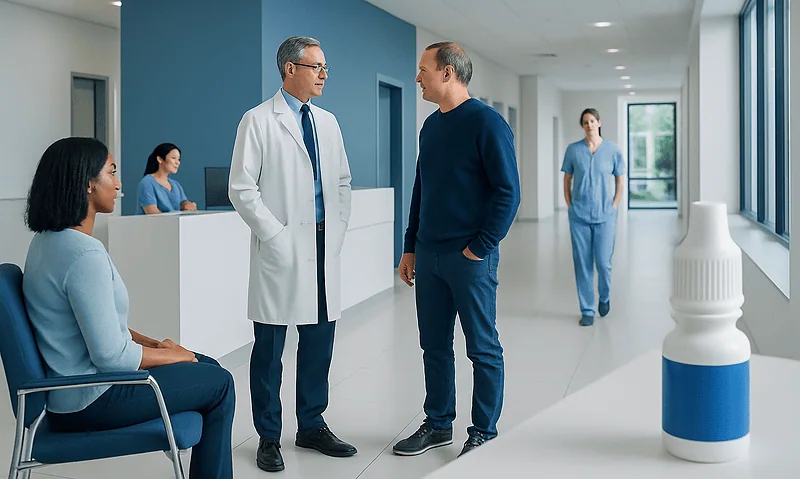 Doctor consulting with patient in hospital corridor with medical staff in background.