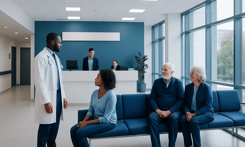 Doctor consulting with elderly patients in hospital waiting area.