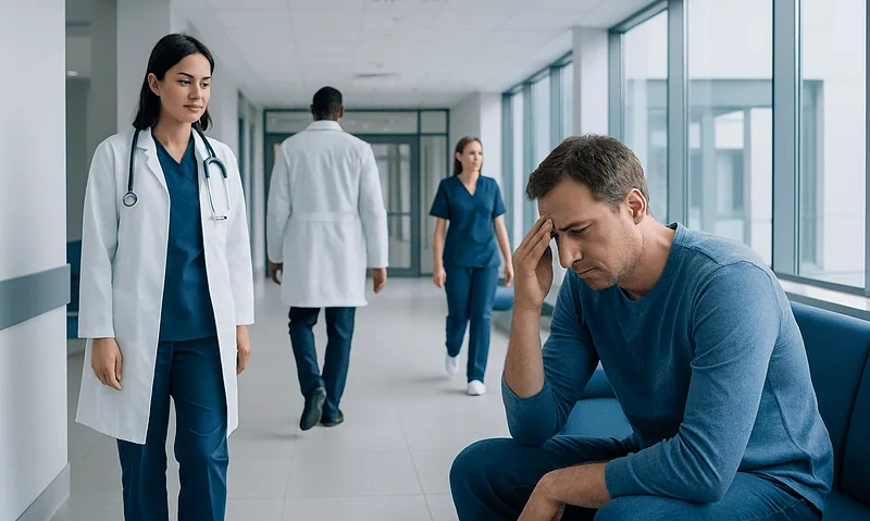 Patient experiencing headache in hospital corridor with medical staff nearby.