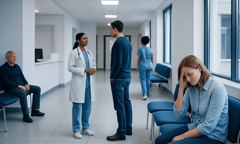Hospital waiting area with medical staff and patients.