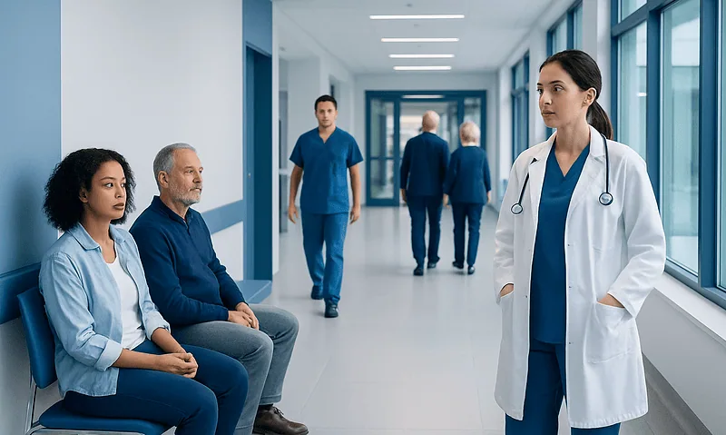 Medical professionals and patients in a hospital corridor at Acibadem Hospitals Group.