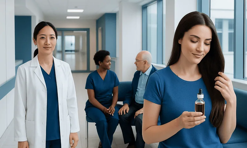Young woman applying skincare serum in a hospital corridor.