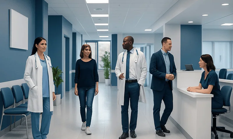 Medical team in hospital corridor with reception desk and patients.