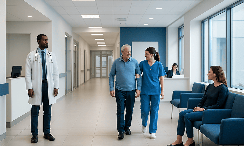 Healthcare professionals and patient in hospital corridor at Acibadem Hospitals Group.