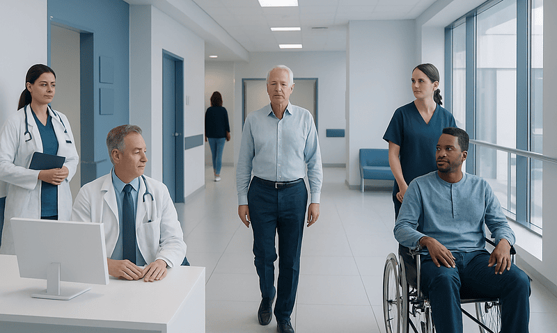 Medical team in hospital corridor with patient in wheelchair and doctor at desk.