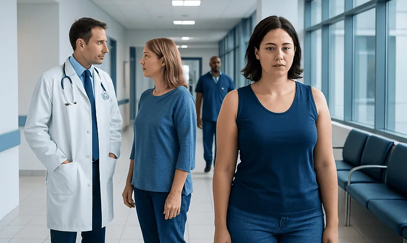 Patients waiting in a hospital corridor with medical staff present.