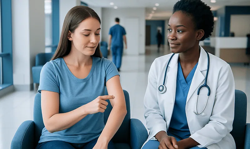 Female patient consulting with a doctor in a hospital waiting area.
