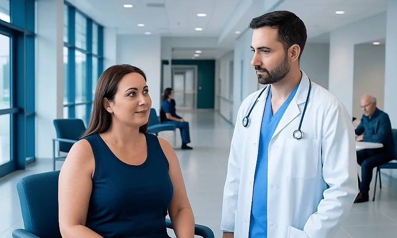 Doctor consulting with a female patient in a hospital corridor.