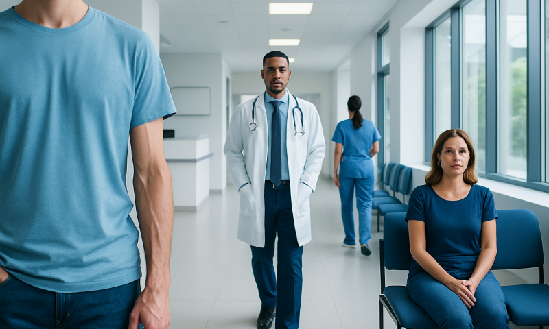 Medical consultation in a hospital corridor with patients and doctor.
