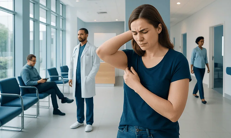 Woman experiencing armpit pain in a hospital corridor with medical staff nearby.