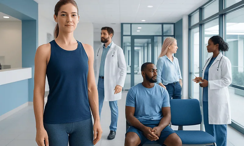 Diverse group of medical professionals and patient in a modern hospital corridor.