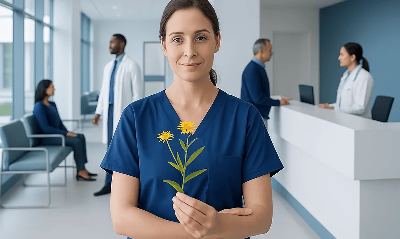 Nurse holding a yellow flower in a hospital lobby.