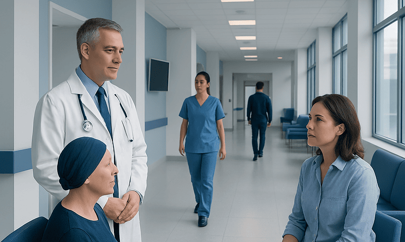 Doctor consulting with a patient in a hospital corridor at Acibadem Hospitals Group.