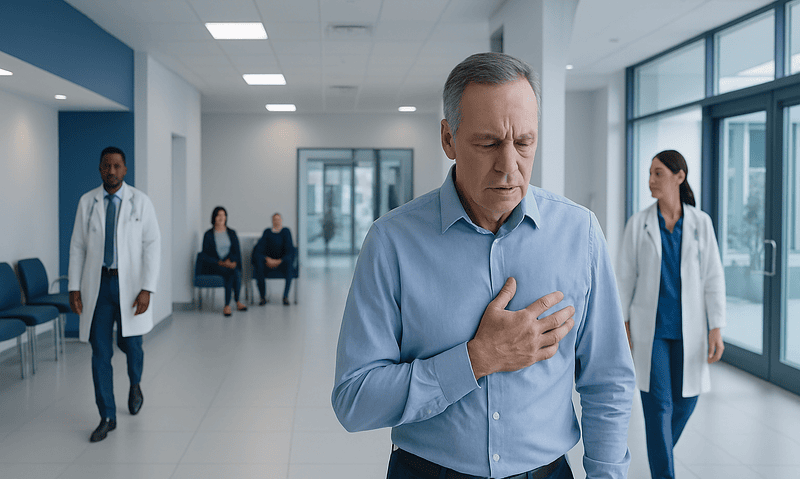 Man experiencing chest pain in hospital corridor with medical staff nearby.