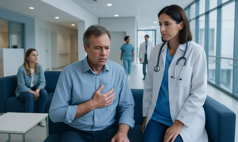 Doctor examining a patient with chest discomfort in hospital corridor.