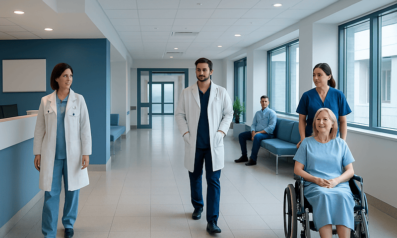 Medical team walking in hospital corridor with patient in wheelchair.
