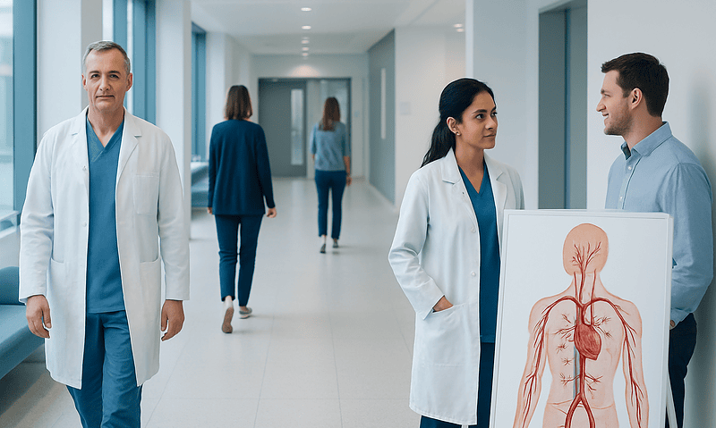 Medical professionals discussing cardiovascular health in hospital corridor.