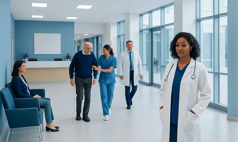 Medical team and patient in modern hospital corridor at Acibadem Hospitals Group.