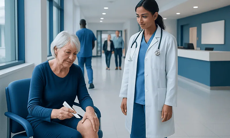 Doctor consulting elderly woman in hospital corridor.