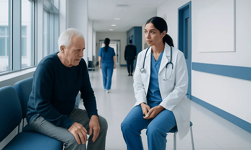 Arthritis in Knee: Symptoms, Causes, and Treatment Options 9 Doctor consulting elderly patient in hospital corridor.