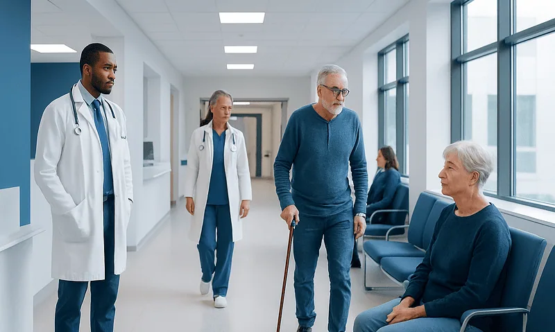 Elderly man with cane consulting with hospital staff and patient in waiting area.